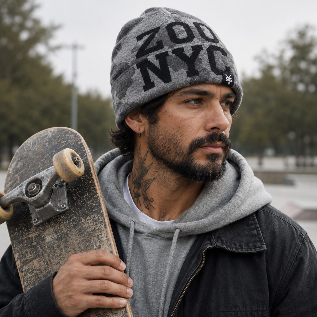 Zoo York NYC Y2K Camo Beanie Hat Gray Black Knit Winter Streetwear Skater Cap1