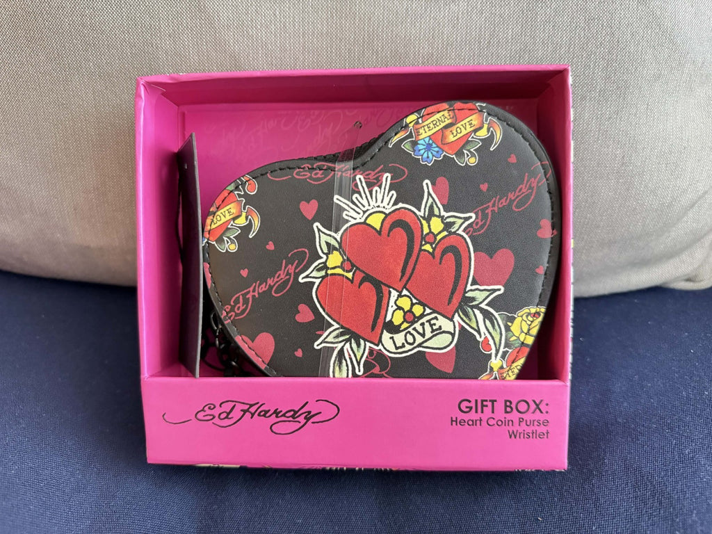 Ed Hardy Black Love Kills Slowly Rhinestone Heart Coin Purse Wristlet~Gift Box2