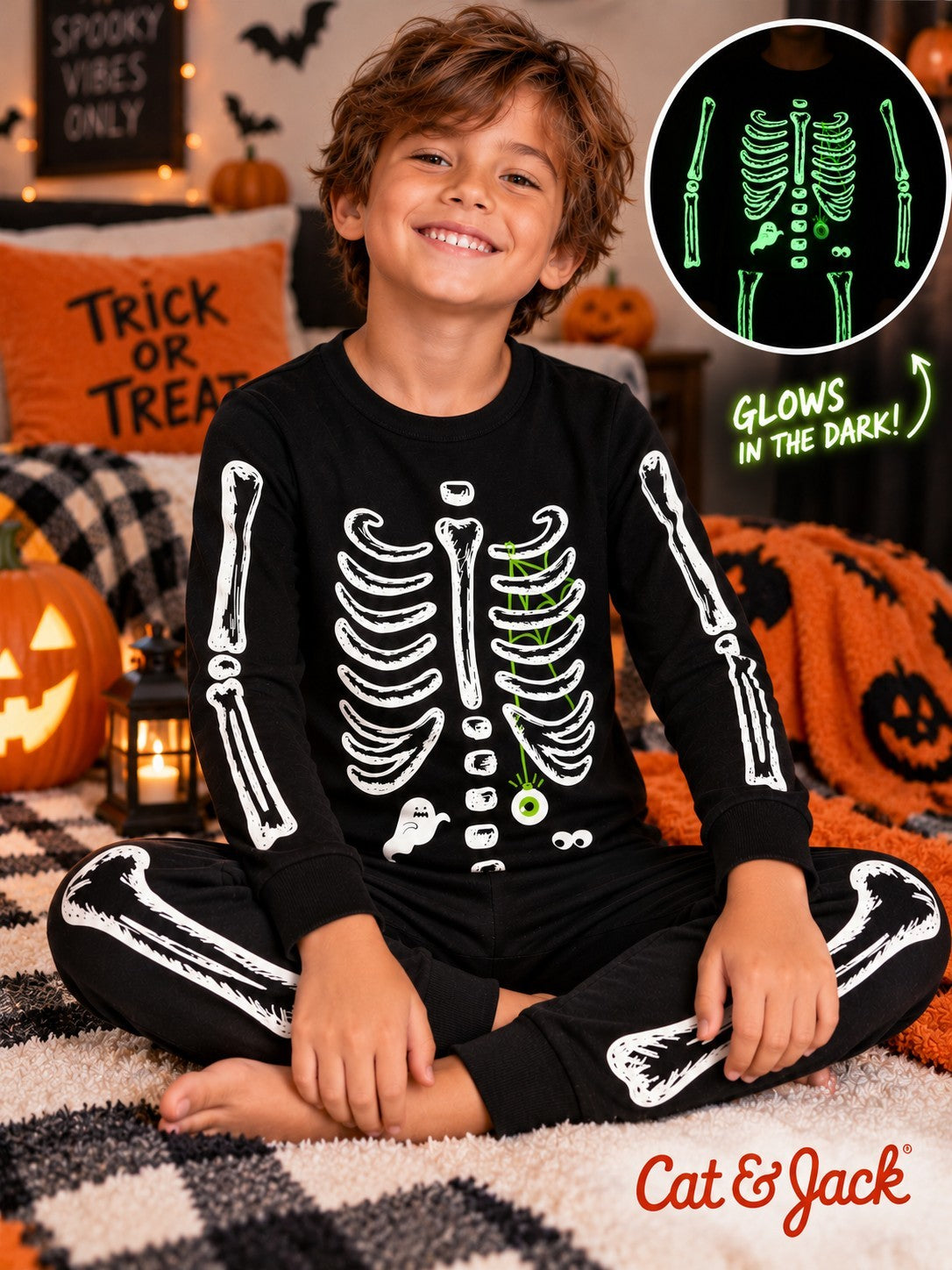 Halloween Skeleton Glow-In-The Dark Pajama Set. Kids Size 6 2pc Set Cat & Jack 0