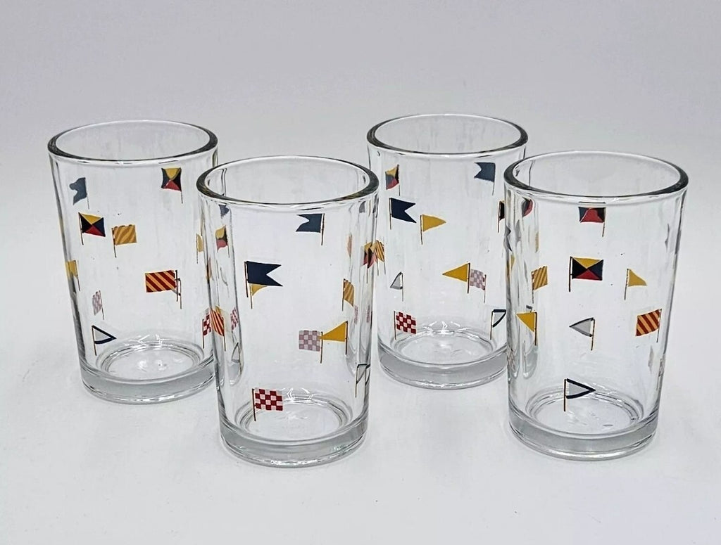 Pottery Barn Colorful Nautical Flag Set of 4 Juice Glasses, Coastal/Boats NEW0