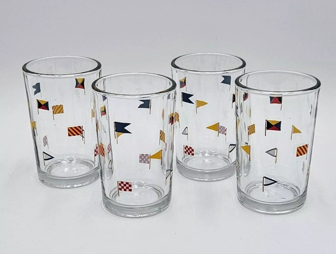 Pottery Barn Colorful Nautical Flag Set of 4 Juice Glasses, Coastal/Boats NEW0