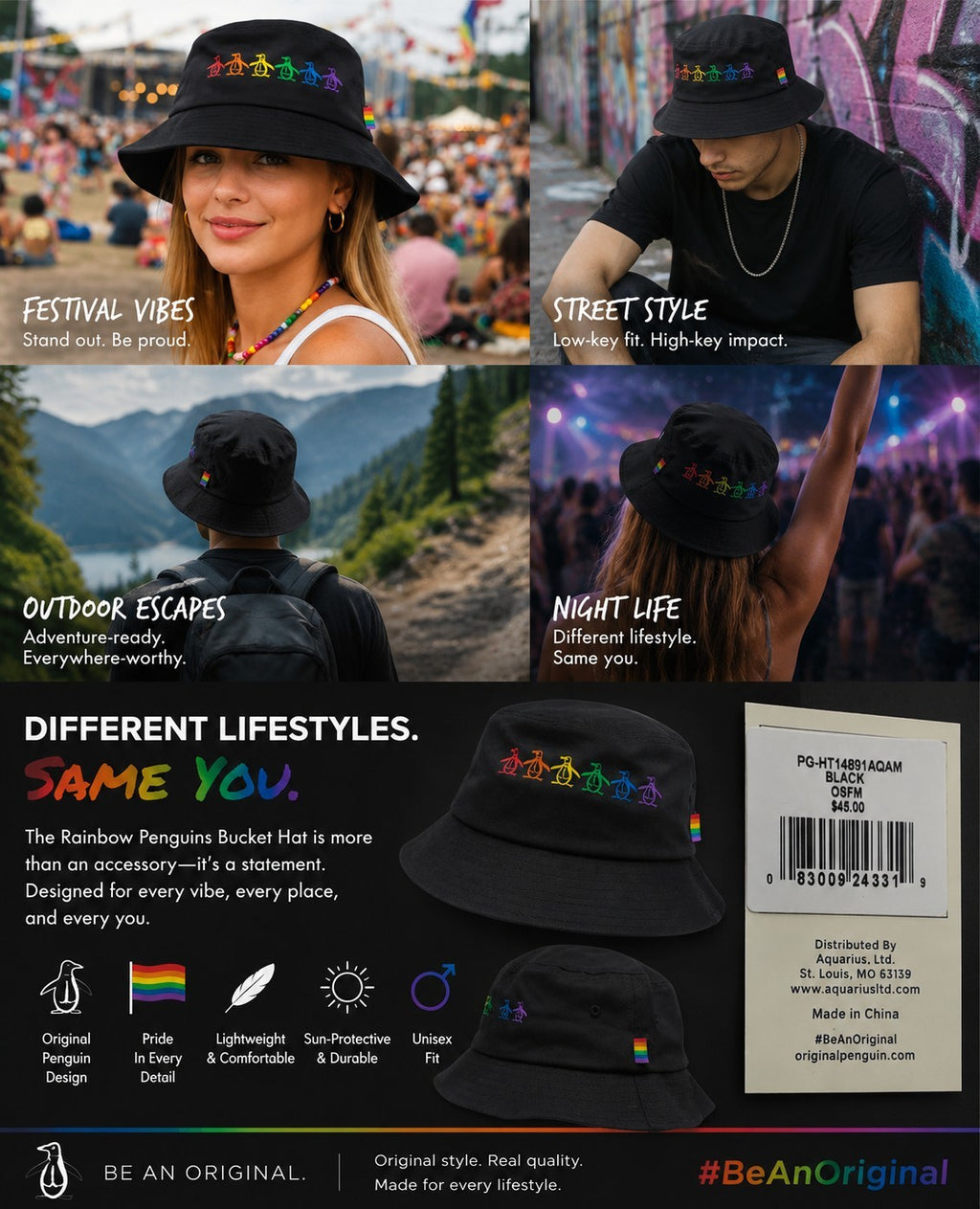 Original Penguin Pride Rainbow Bucket Hat Black OSFM Embroidered Logo NWT5