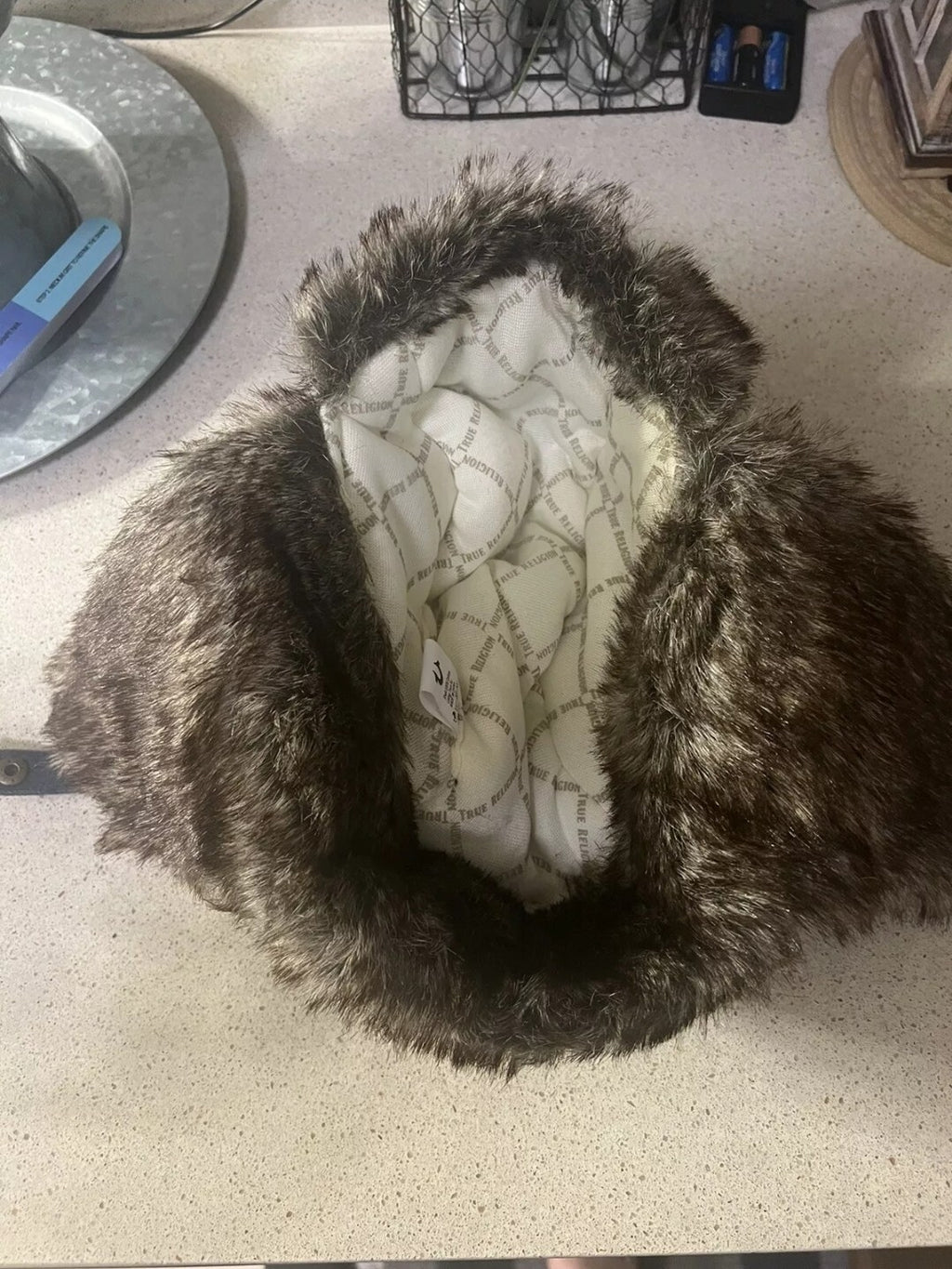 True Religion Trapper Hat Dark Blue Denim Faux Fur Horseshoe Pockets Chin Strap2