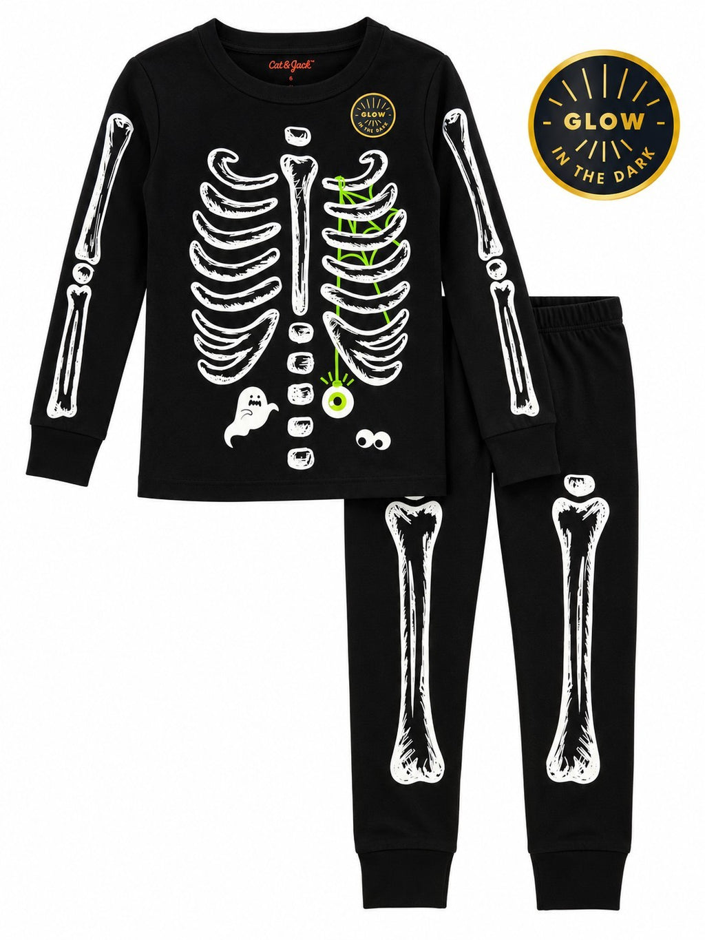 Halloween Skeleton Glow-In-The Dark Pajama Set. Kids Size 6 2pc Set Cat & Jack 1