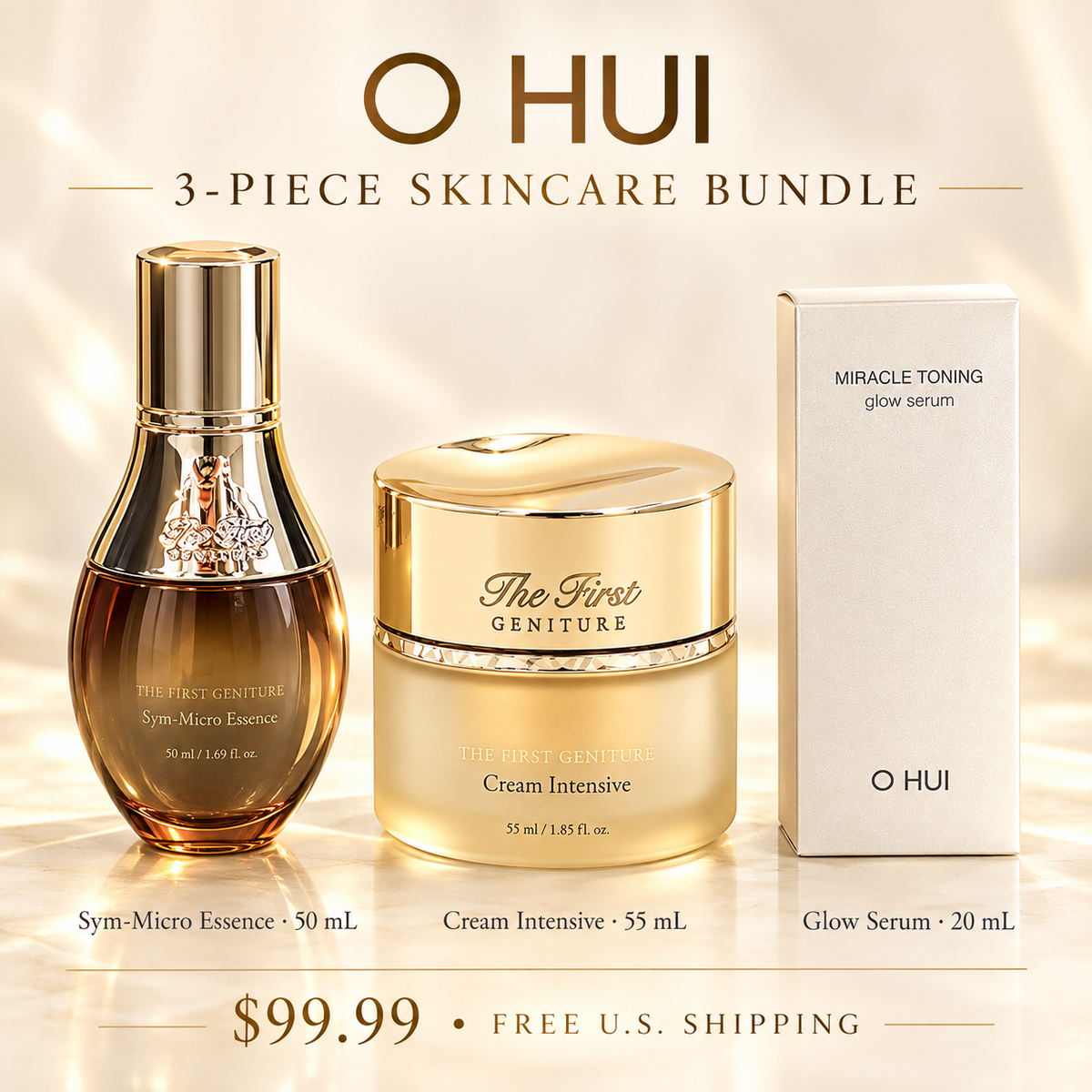 O HUI three-piece bundle: Sym-Micro Essence 50 mL, Cream Intensive 55 mL and Miracle Toning Glow Serum 20 mL