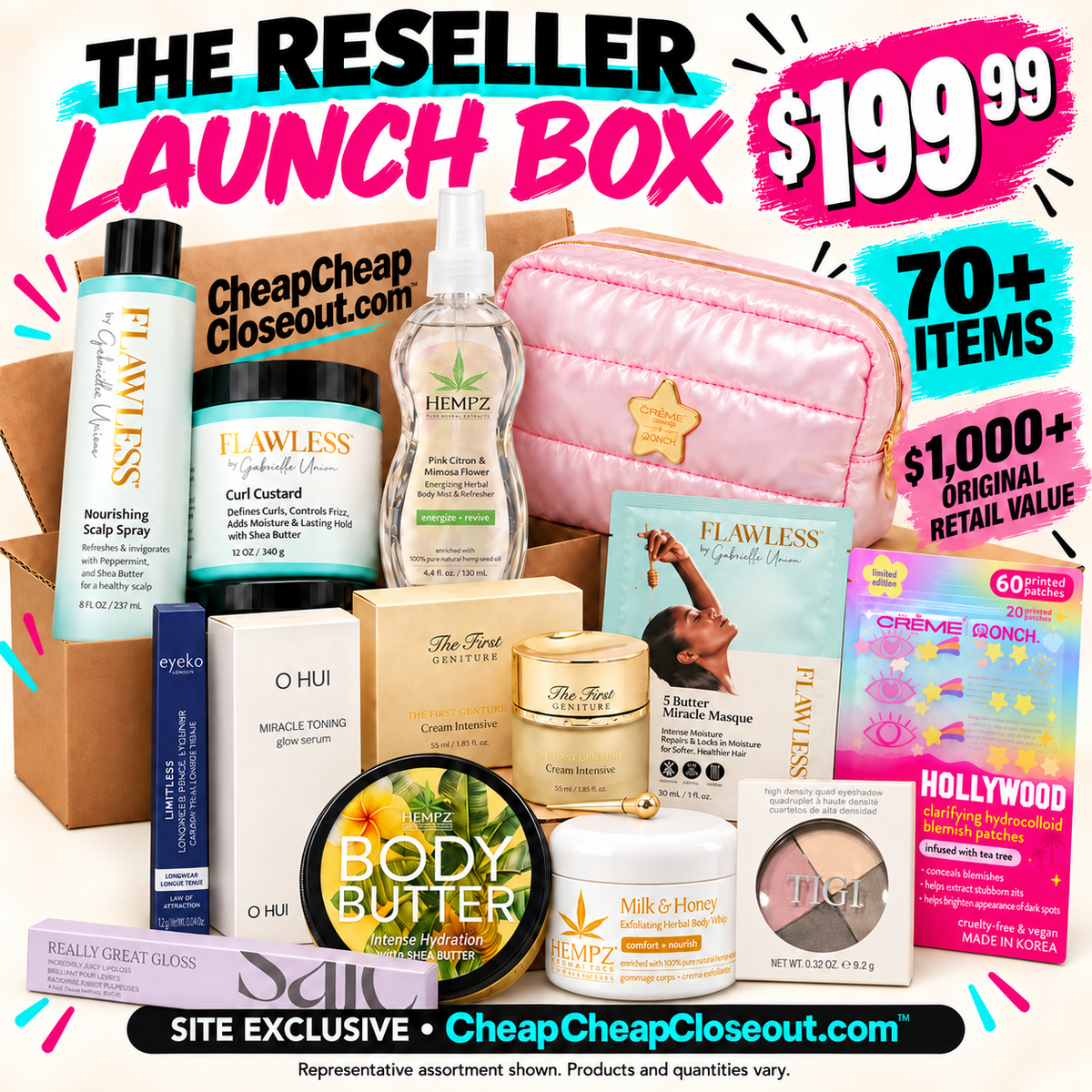 Reseller Launch Box with Saie gloss, Eyeko eyeliner, TIGI quad and Flawless 5 Butter Miracle Masque, plus Hempz and O HUI