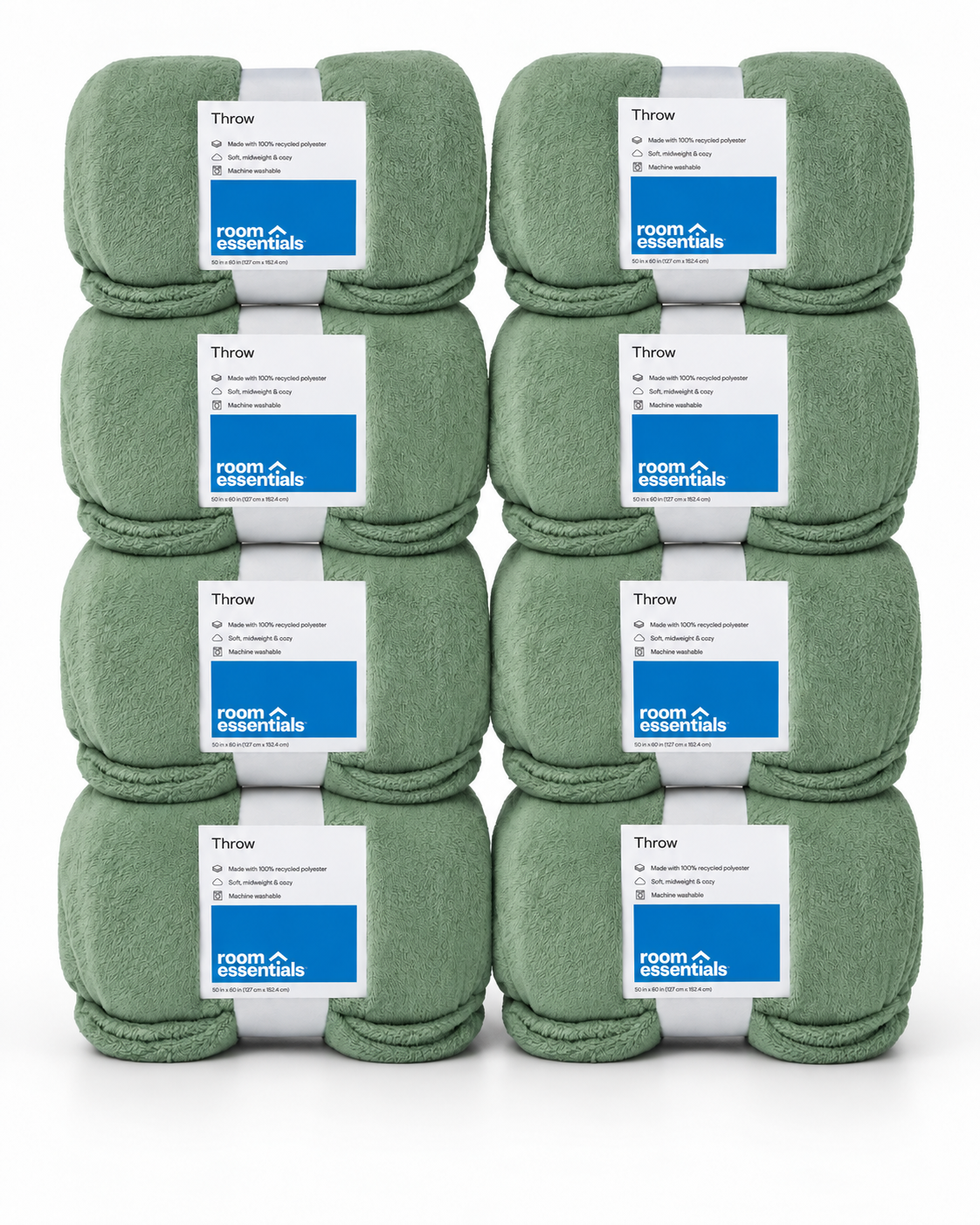 Eight sage green Room Essentials plush throw blankets in two stacks of four