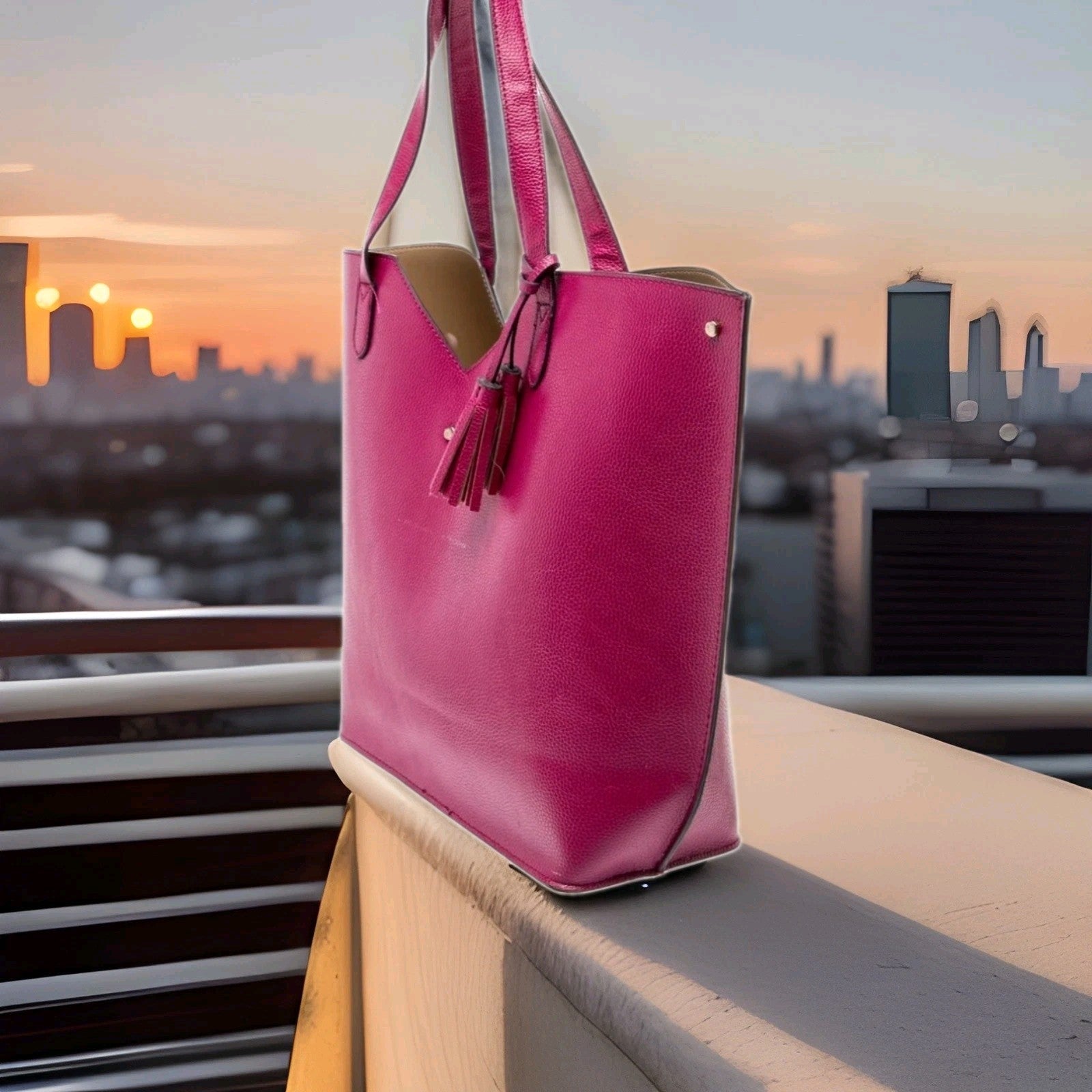Neiman Marcus Fuchsia Pebbled Vegan Leather Large Tote Bag