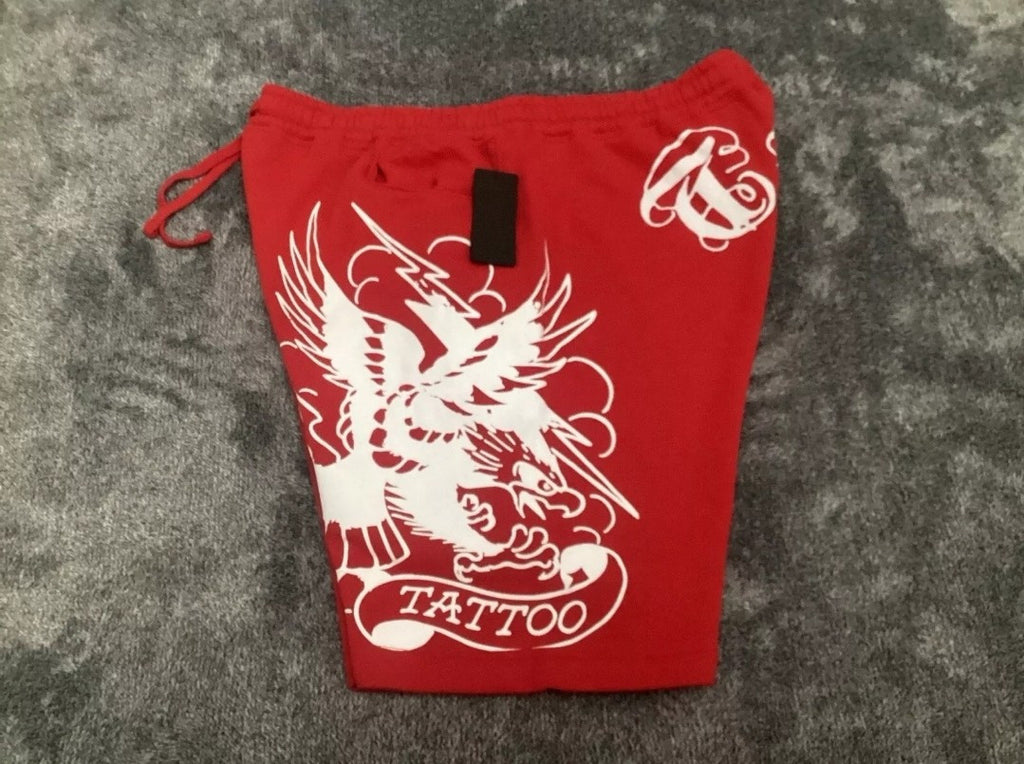 ED HARDY Hellcat Panther Tattoo Eagle Fleece Sweat Shorts Red Men’s Size M *NEW*3