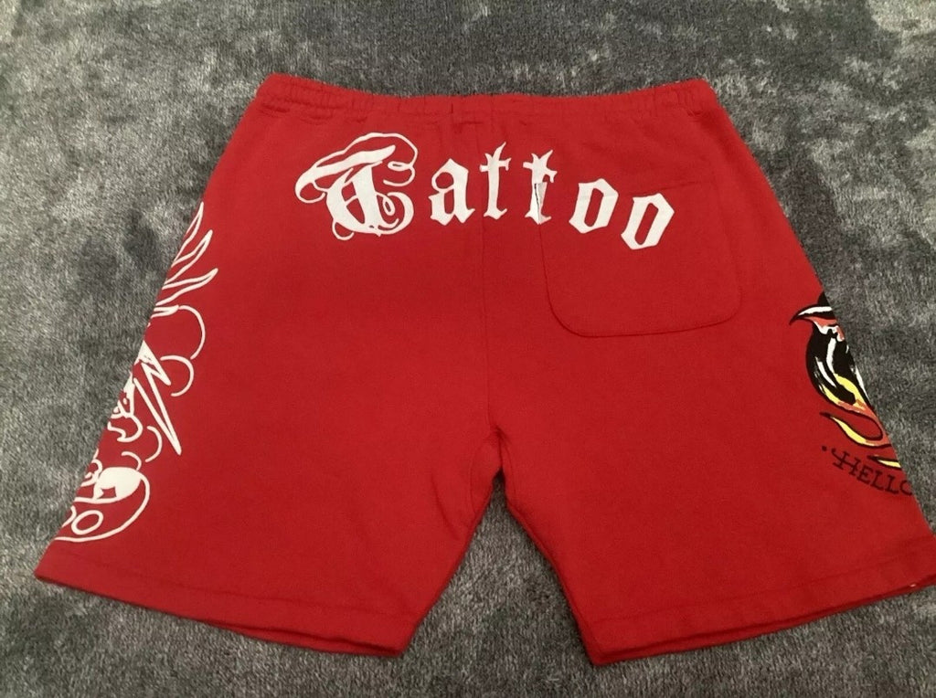 ED HARDY Hellcat Panther Tattoo Eagle Fleece Sweat Shorts Red Men’s Size M *NEW*5