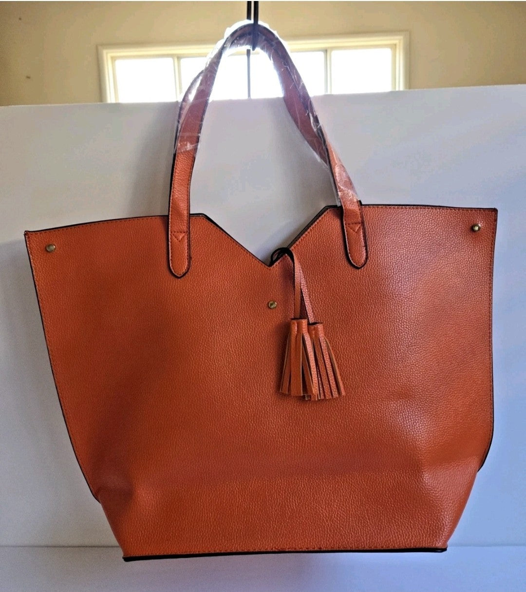 Neiman Marcus Orange Pebbled Vegan Leather Large Tote Bag Tassel Shoulder Purse