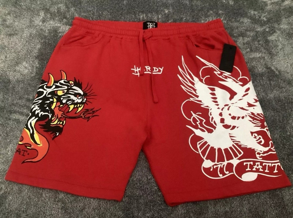 ED HARDY Hellcat Panther Tattoo Eagle Fleece Sweat Shorts Red Men’s Size M *NEW*0