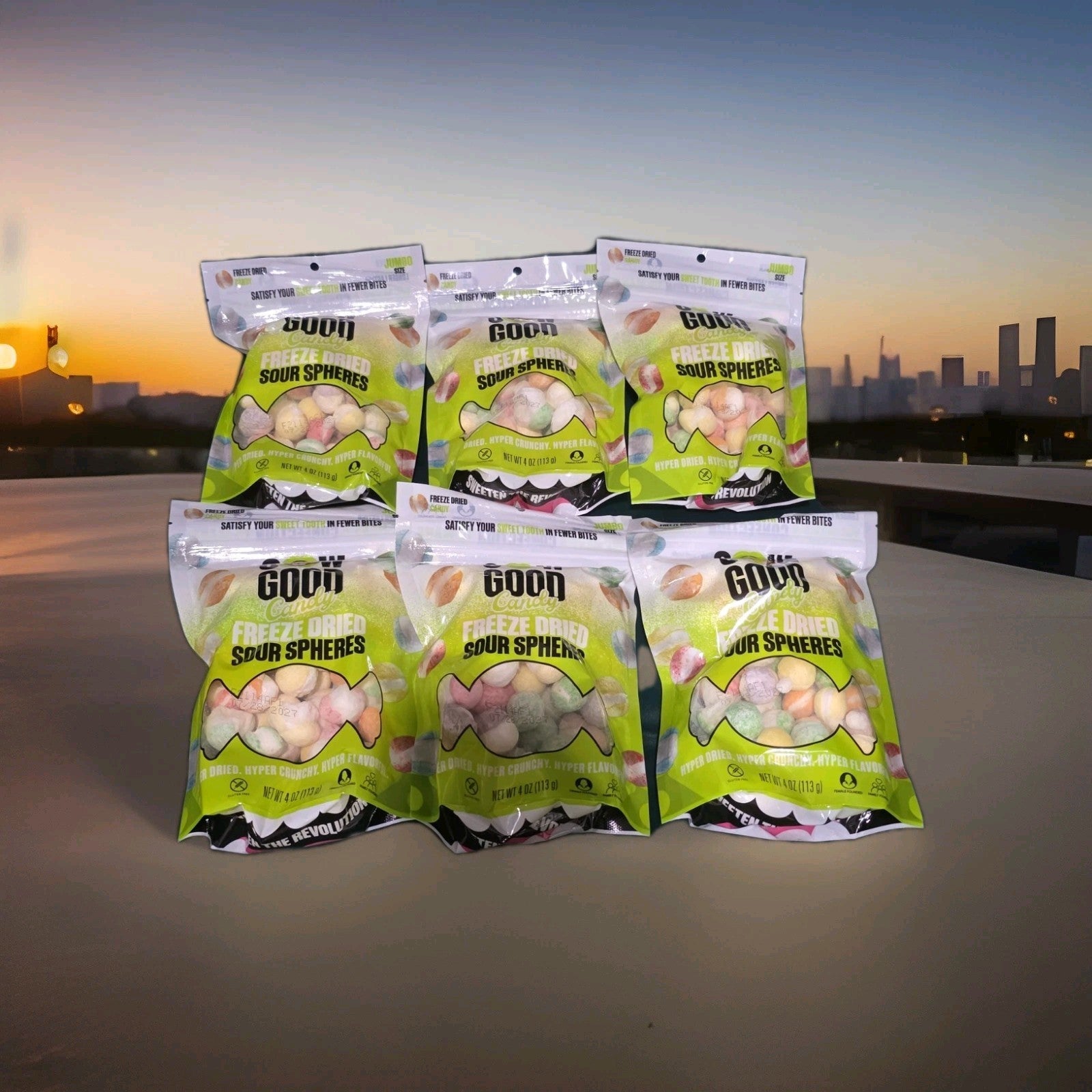 Six bags Sow Good Freeze-Dried Sour Spheres candy