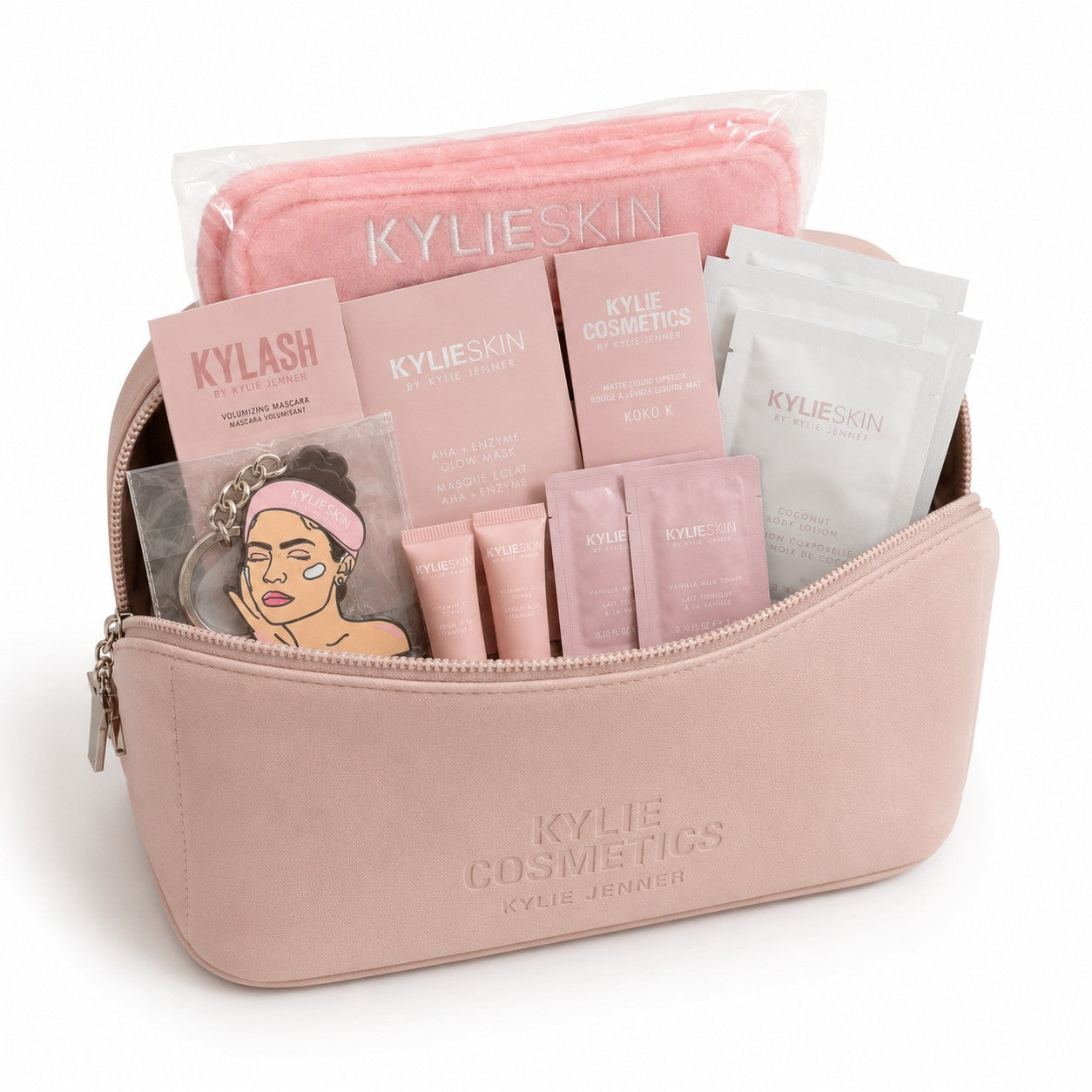 Kylie Cosmetics 26-Piece Makeup Bag Bundle Rare Kylie Skin Keychain Samples Lot