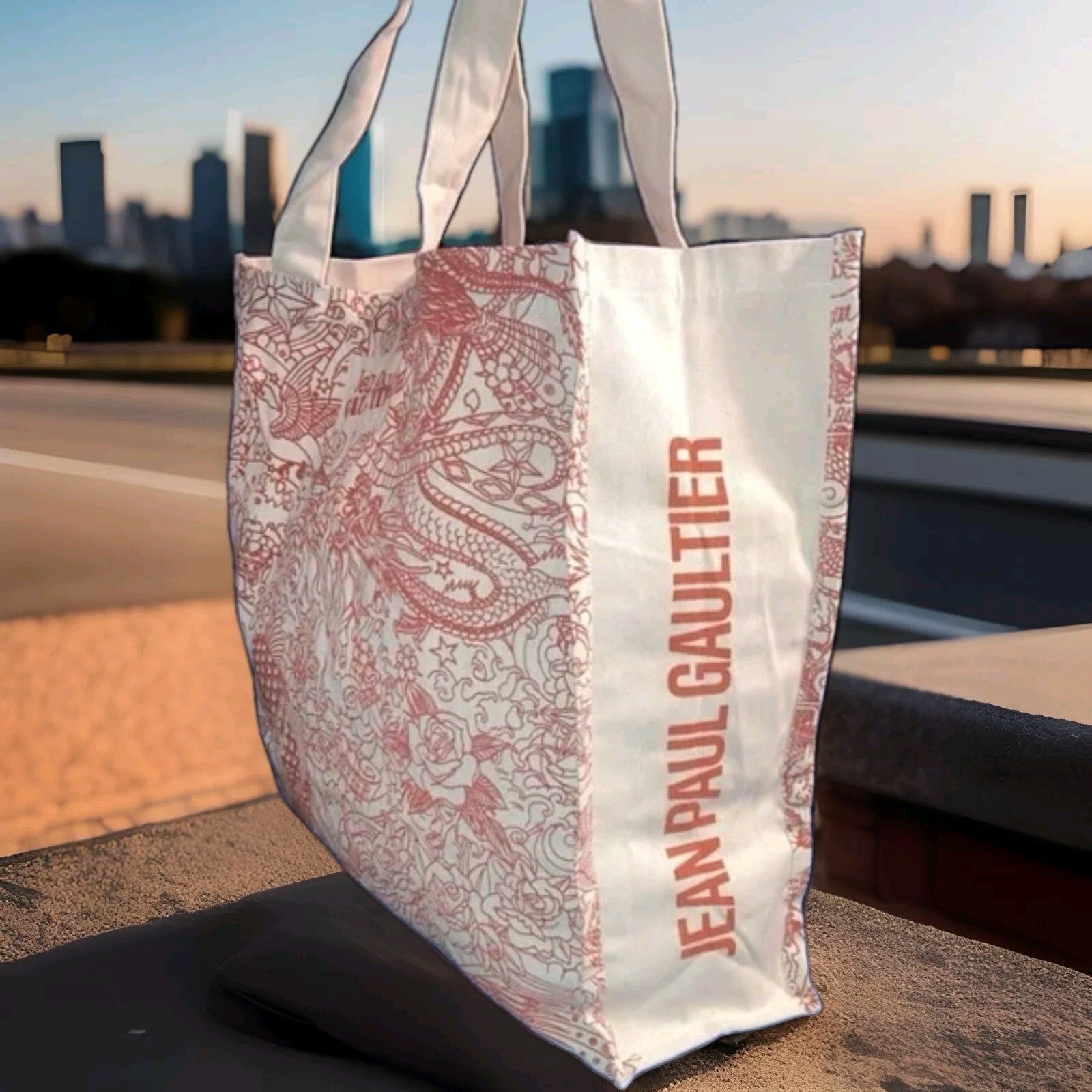 JEAN PAUL GAULTIAR TATOO Tote Bag Red & Beige Canvas Carry Beach bag1