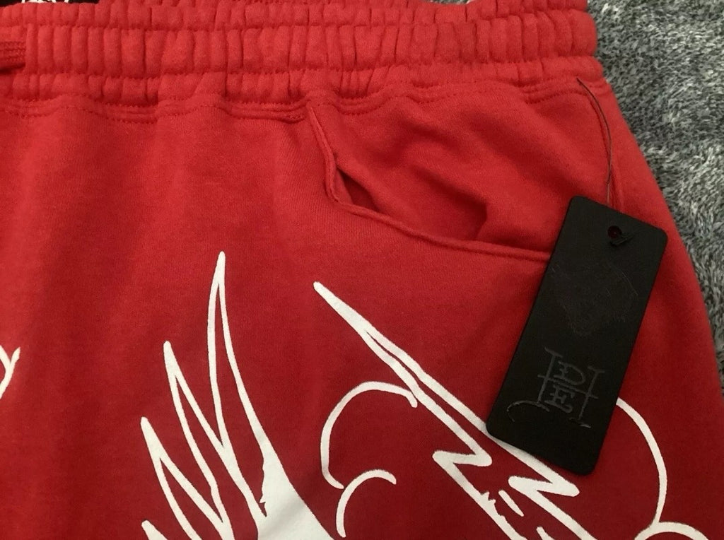 ED HARDY Hellcat Panther Tattoo Eagle Fleece Sweat Shorts Red Men’s Size M *NEW*1