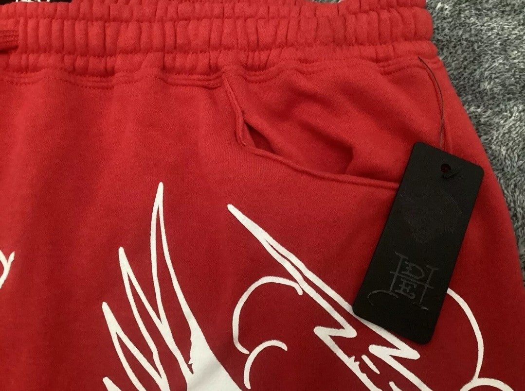 ED HARDY Hellcat Panther Tattoo Eagle Fleece Sweat Shorts Red Men’s Size M *NEW*1