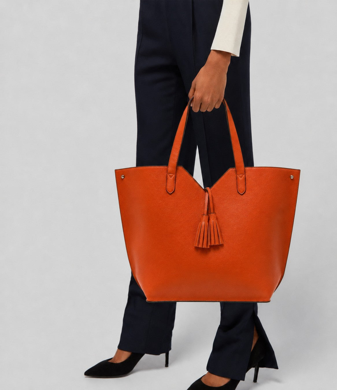 Neiman Marcus Orange Pebbled Vegan Leather Large Tote Bag Tassel Shoulder Purse