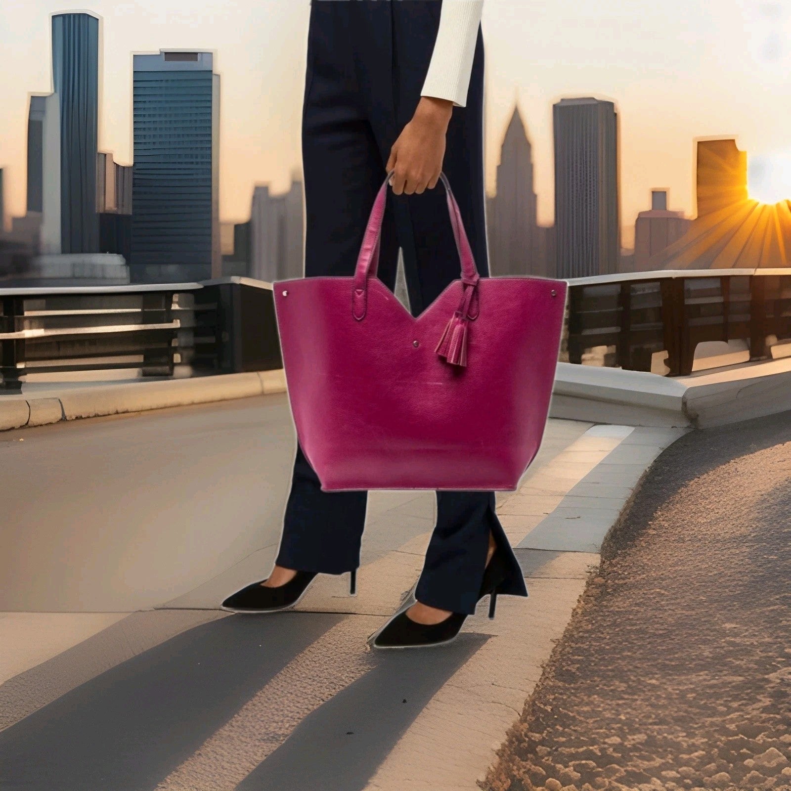 Neiman Marcus Fuchsia Pebbled Vegan Leather Large Tote Bag