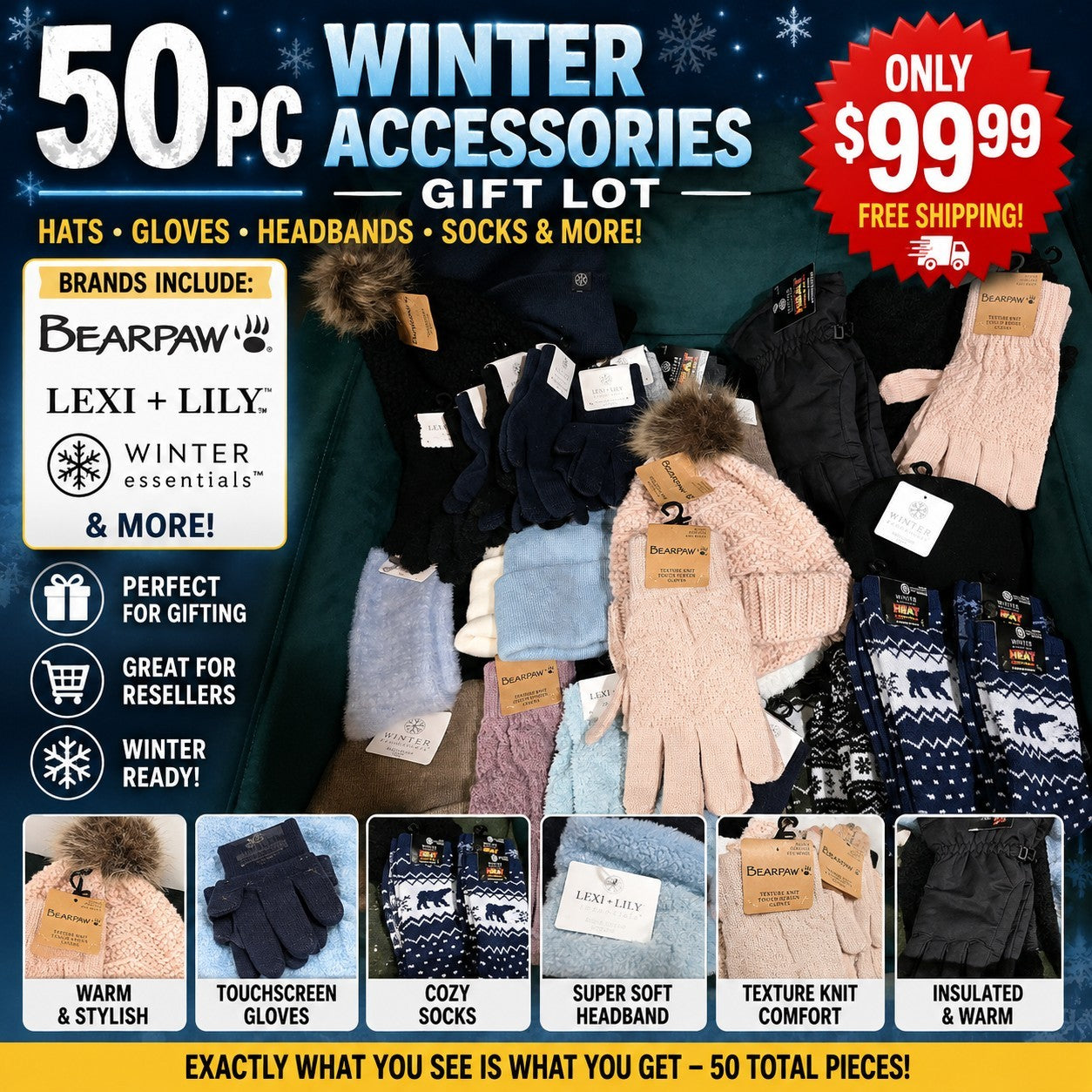 50-Piece Winter Accessories Reseller Lot – BEARPAW Hats Gloves & Socks
