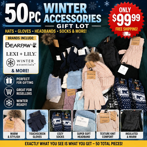50-Piece Winter Accessories Reseller Lot – BEARPAW Hats Gloves & Socks