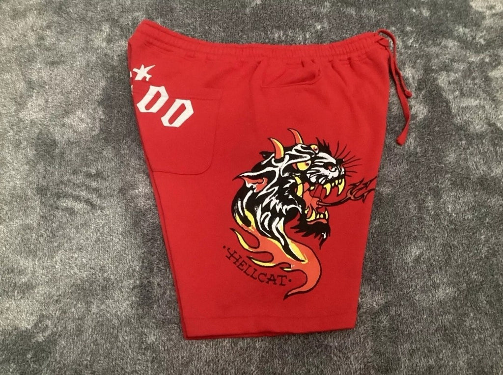 ED HARDY Hellcat Panther Tattoo Eagle Fleece Sweat Shorts Red Men’s Size M *NEW*2